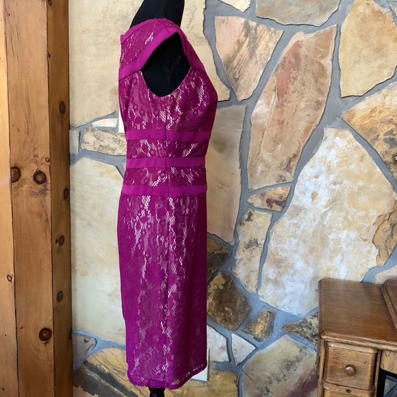 Adrianna Papell Lace Cap Sleeves Maroon Sheath Dress Midi (6) - Picture 5 of 17